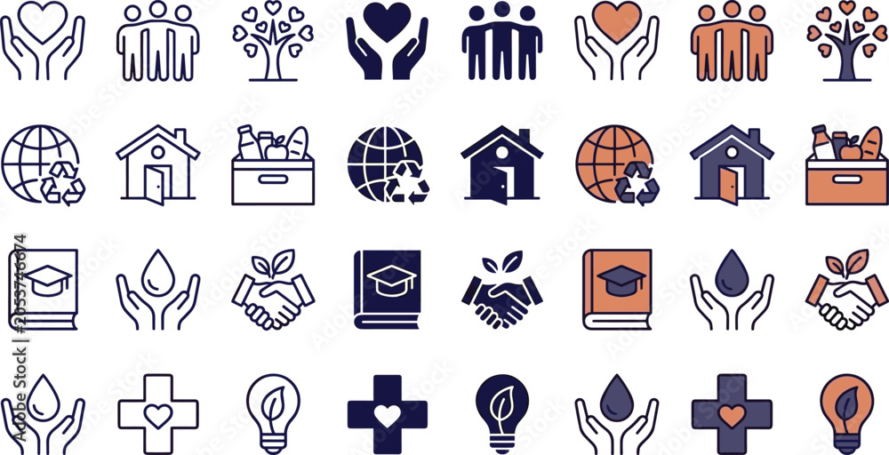 Obraz premium Community Support and Social Responsibility Icon Set Featuring Charity Education Healthcare Sustainability Recycling and Humanitarian Care