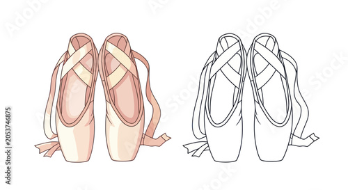 Pair of pink ballet pointe shoes and line art version