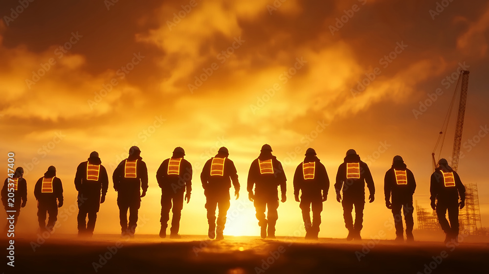 Fototapeta premium Male construction crew with hard hats and reflective vests walking into a vivid golden hour sky at an industrial site