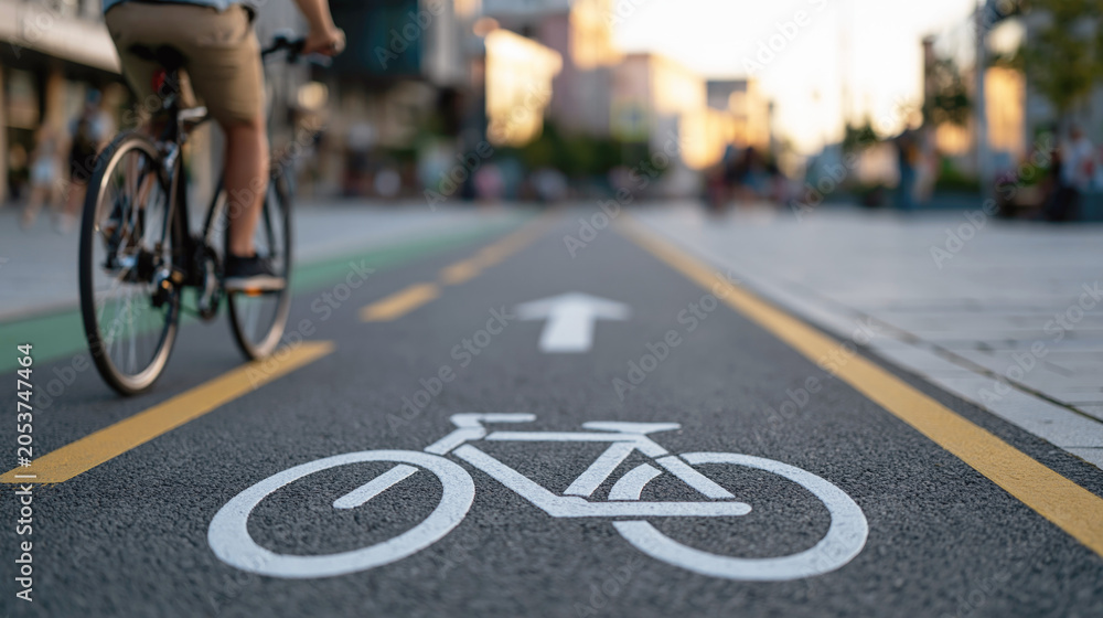 Obraz premium A bicycle sign on a dedicated bicycle path located within the city limits of a modern city, along which a cyclist rides. Selective focus.