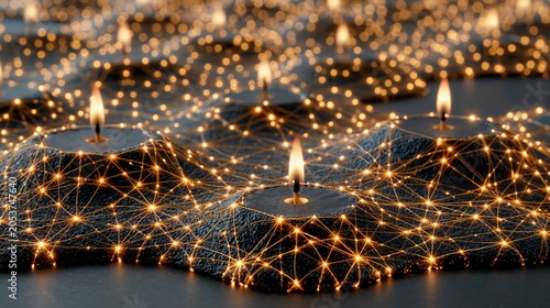 Neural light network connecting burning birthday candles on black ground with global AI data connections