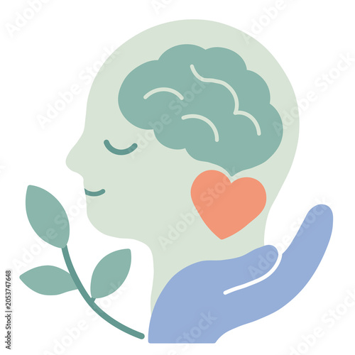 Mental health concept png icon with brain and heart illustration