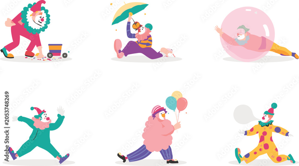 Obraz premium Cute circus clowns vector character set featuring flat style performers holding colorful balloons umbrella floating inside bubble running and making fun poses isolated on white background