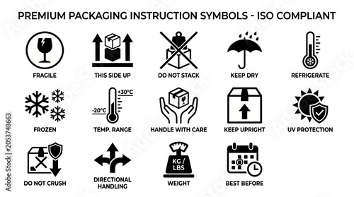 Packaging Instruction Symbol Icon Set Vector ISO Compliant Fragile Handle Care Keep Dry Refrigerate Frozen Weight UV Protection Best Before Shipping Label