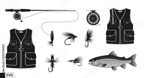 Fotografie fly fishing gear, vest, rod, trout