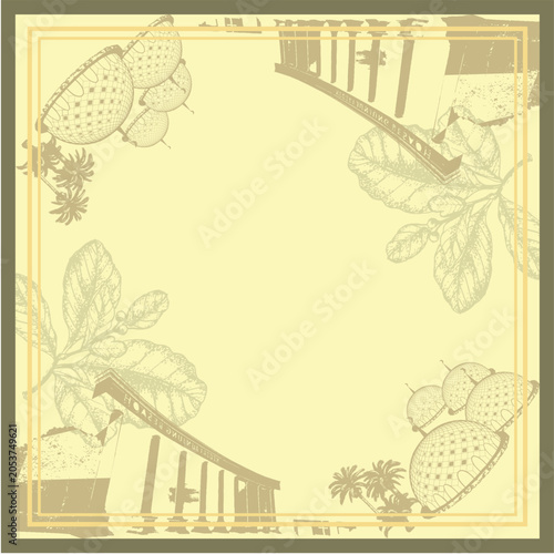 Abstract Geometric Floral Scarf Pattern: Modern Minimalist Line Art Pitcher Plant and Botanical Nepenthes Sketch Frame Layout for Trendy Hijab Fashion Textile Print Soft Yellow