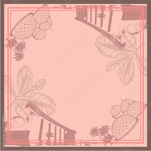 Abstract Geometric Floral Scarf Pattern: Modern Minimalist Line Art Pitcher Plant and Botanical Nepenthes Sketch Frame Layout for Trendy Hijab Fashion Textile Print Baby Pink