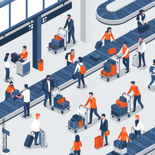 Passengers navigating busy airport baggage claim area with luggage.