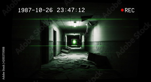 Found footage style horror hallway with green light and security camera overlay