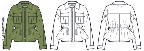 Cuadro en lienzo Drawstring Utility Jacket Flat Sketch, Military Olive, Front and Back View