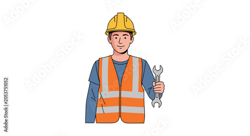 Male technician wearing a yellow hardhat and orange high-visibility vest holding a metal wrench in his hand for maintenance repair work.