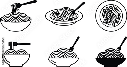 Italian Pasta and Spaghetti Line Icon Set with Twirling Noodles on Fork, Macaroni Plates, and Food Bowls for Restaurant Menu Graphic Layouts