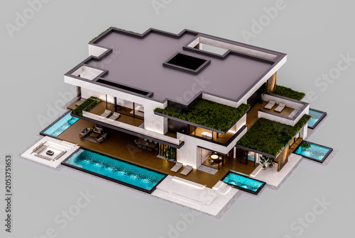 3d rendering of two-story house with parking and pool for sale or rent with concrete facade and beautiful landscaping. In the evening. Isolated on gray