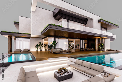 3d rendering of two-story house with parking and pool for sale or rent with concrete facade and beautiful landscaping. In the evening. Isolated on gray