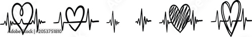 Hand Drawn Doodle Heartbeat Pulse and EKG Line Set with Messy Hearts for Medical Branding Creative Healthcare Designs and Tattoo Layouts