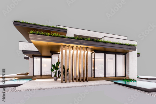 3d rendering of two-story house with parking and pool for sale or rent with concrete facade and beautiful landscaping. In the evening. Isolated on gray
