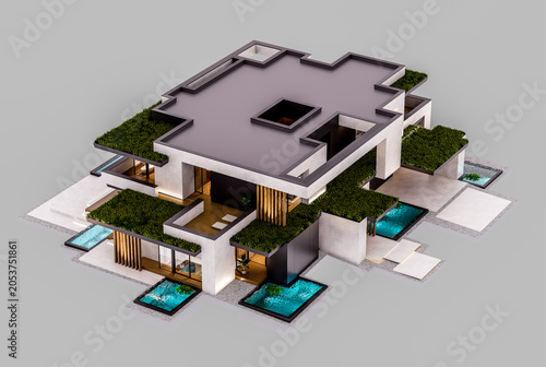 3d rendering of two-story house with parking and pool for sale or rent with concrete facade and beautiful landscaping. In the evening. Isolated on gray