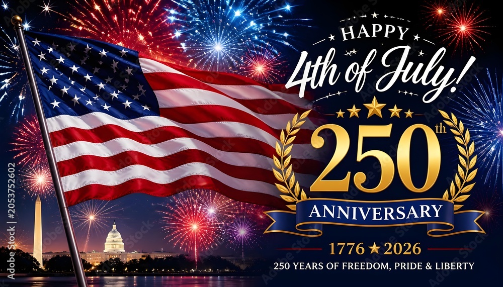 Fototapeta premium Happy 4th of July USA 250th anniversary celebration background with American flag, fireworks and Washington DC landmarks