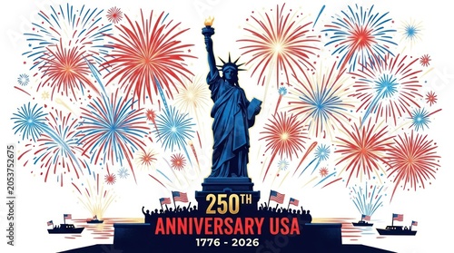 Statue of Liberty with colorful fireworks for USA 250th anniversary celebration