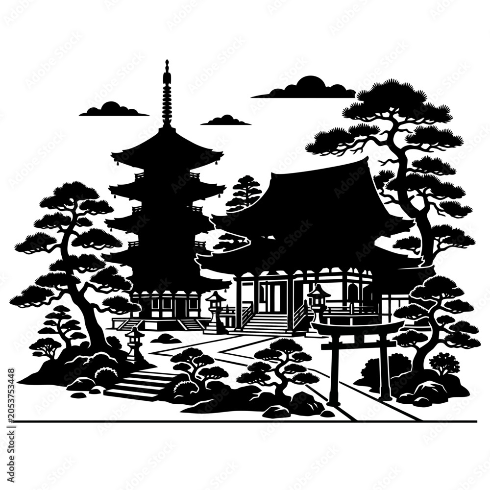 Obraz premium Japanese Pagoda Temple Silhouette with Torii Gate and Bonsai Trees
