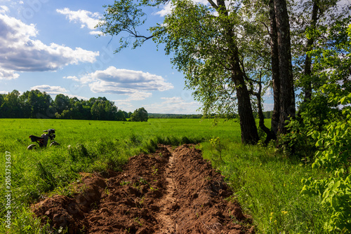Εκτύπωση καμβά Bare firebreak carved into a lush green field, separating wild grass from dense
