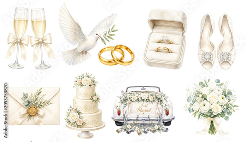 Elegant White Wedding Clipart Collection Watercolor Illustration Set