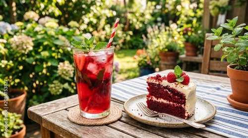 red velvet cake slice and traditional juneteenth red drink outside