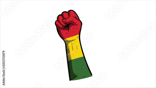 Raised fist with red yellow green Juneteenth flag handdrawn illustration