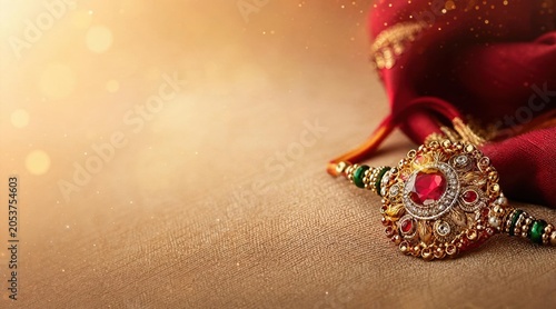 Raksha Bandhan ceremony with decorated wristlet and colorful background for celebrating sibling bond
