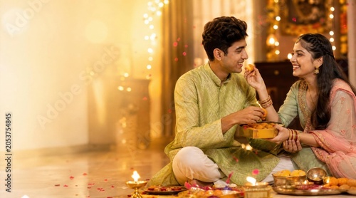 Raksha Bandhan brother and sister celebrating festival with sweets and lights