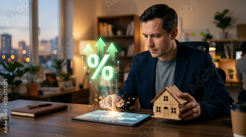 Man examining miniature house and percentage signs on a tablet at a desk