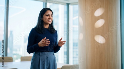 Innovative Indian female leader displaying confidence while presenting strategic ideas, enhancing teamwork in a modern corporate setting.