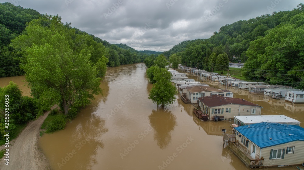 Fototapeta premium Severe rural flooding with submerged homes, brown floodwater, inundation, disaster, climate impact, damaged community and widespread water coverage across a countryside settlement