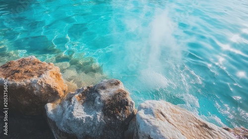 Turquoise water, steam rising from pool, rocks