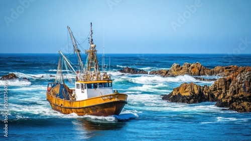 Fishing boat navigating choppy waters near rocky coast