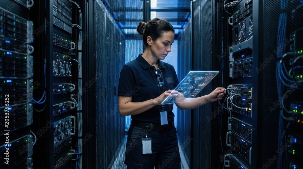 Fototapeta premium Female technician working in a server room, using a transparent digital tablet beside network racks in a blue lit data center, focused on system maintenance and monitoring for advertising and editoria