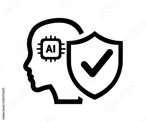 AI Safety and Ethics Icon. Artificial intelligence security, compliance, data privacy, regulation, governance, and risk management illustration on transparent background. 


