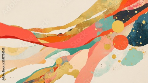Abstract art with flowing, layered shapes in soft, vibrant colors