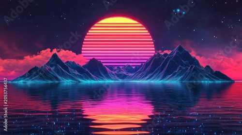 Retro sunset over a vibrant island.  Mountainous island reflected in a calm, vibrant ocean.  A large stylized sun with horizontal stripes in warm colours