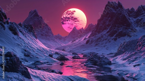 A vibrant, digitally rendered landscape of snow-capped mountains, a winding river, and a large, pink sunset/moon