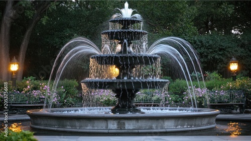 Dark fountain, tiered sprays, garden setting