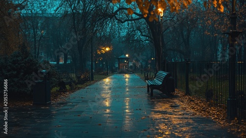 A wet, autumnal park path under twilight