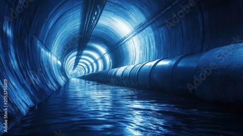 Dark blue subterranean tunnel, water channel, and pipes