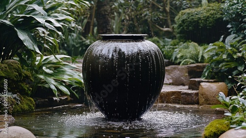 Dark, round water fountain in a lush garden setting. Water cascading from a large, dark vessel