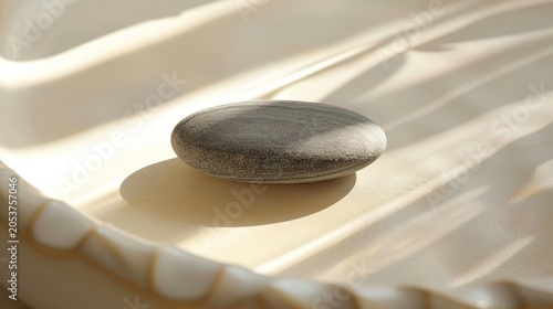 Flat grey pebble on cream ceramic surface