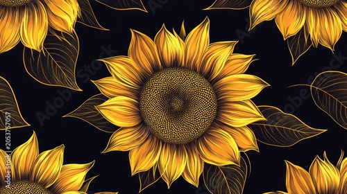Golden sunflowers, detailed, black background