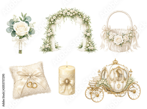 Elegant White Wedding Elements Collection Watercolor Illustration Set