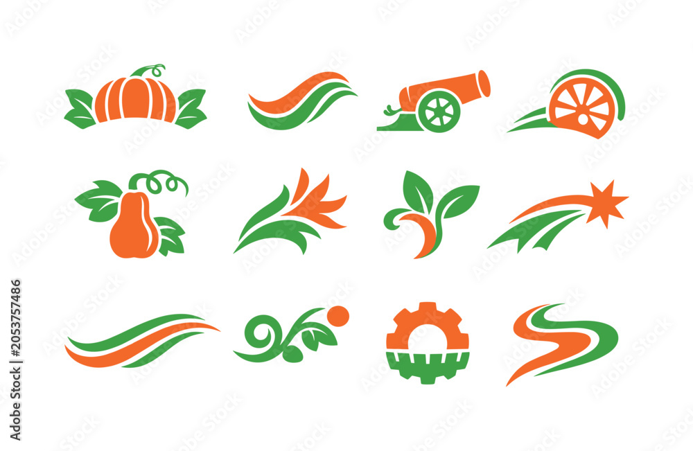 Fototapeta premium Collection of stylized graphic design elements and icons in orange and green