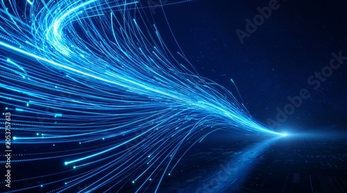 Abstract digital background with glowing blue light trails and data flow