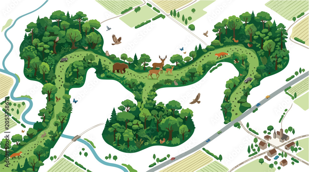 Fototapeta premium Illustrated landscape map with wildlife and forest patches.